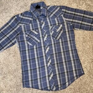 Vintage Champion‎ Westerns Pearl Snap Shirt Men Size 15.5-34 Blue Plaid Cowboy